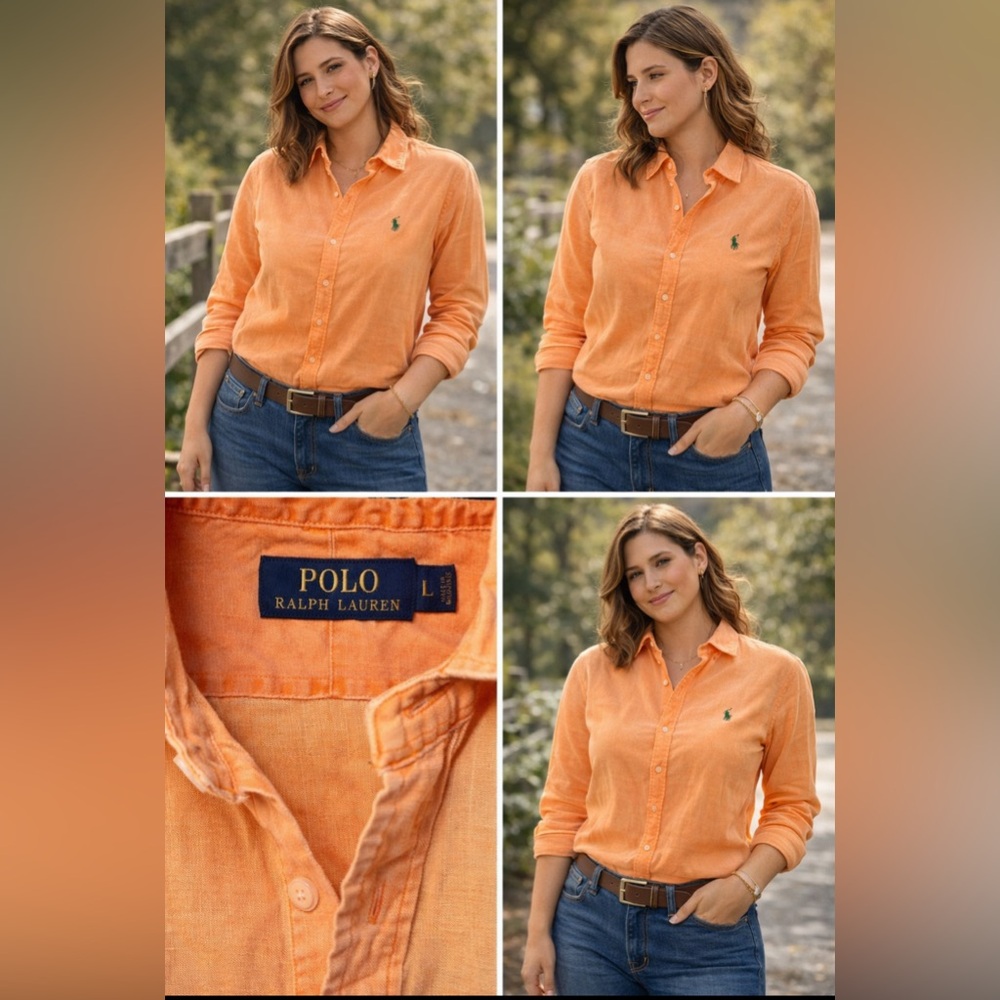 Polo Ralph Lauren unisex Large Peach Linen Button Down Long Sleeve Shirt - Picture 4 of 7